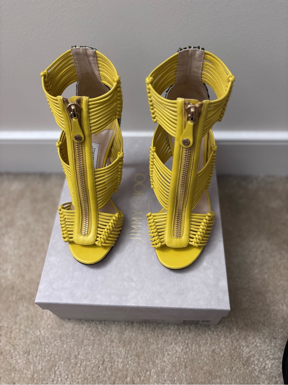 Jimmy Choo Yellow Strappy Zip-Front High Heels